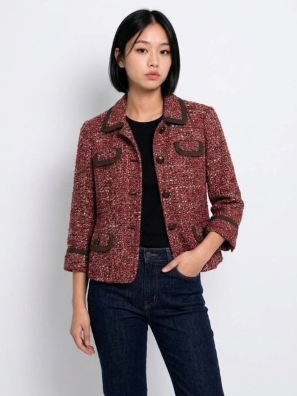 Talbots Women's Burgundy Tweed Jacket With Brown Trim Button Front 3/4 Sleeves - Picture 2 of 6
